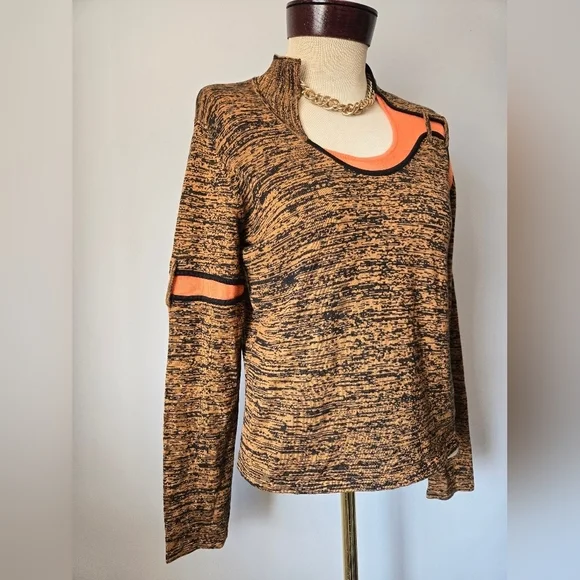 JAIMIE SADOCK Silk/ Cotton Mock Neck Brown/Black/Peach Top. Size Small - Picture 2 of 9